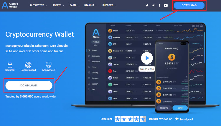 Скачивание кошелька Atomic Wallet с официального сайта.