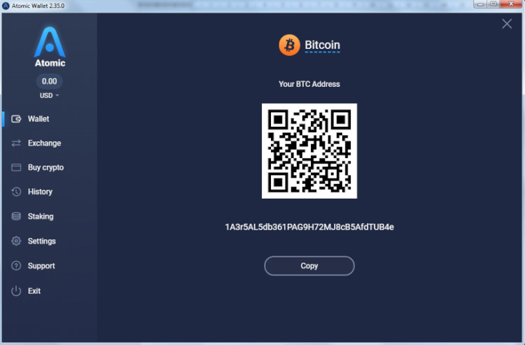 Адрес для получения Bitcoin на Atomic Wallet.