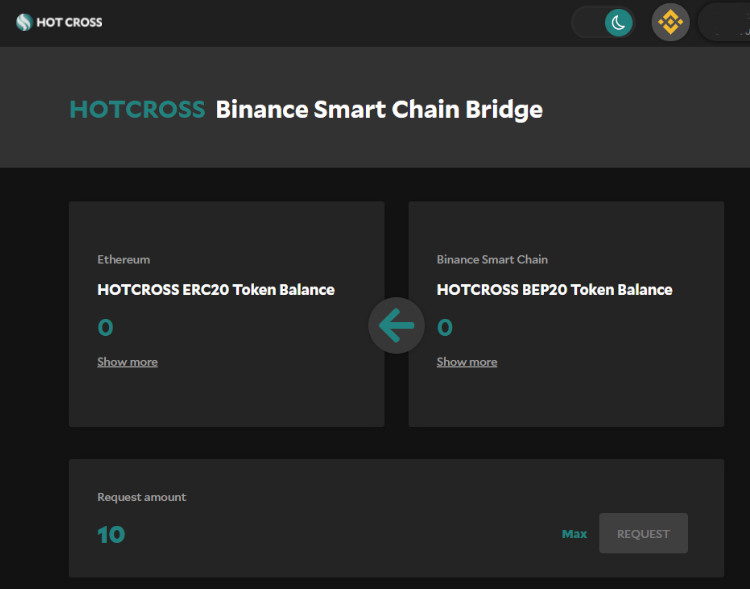 HOTCROSS Binance Smart Chain Bridge открыт на экране.