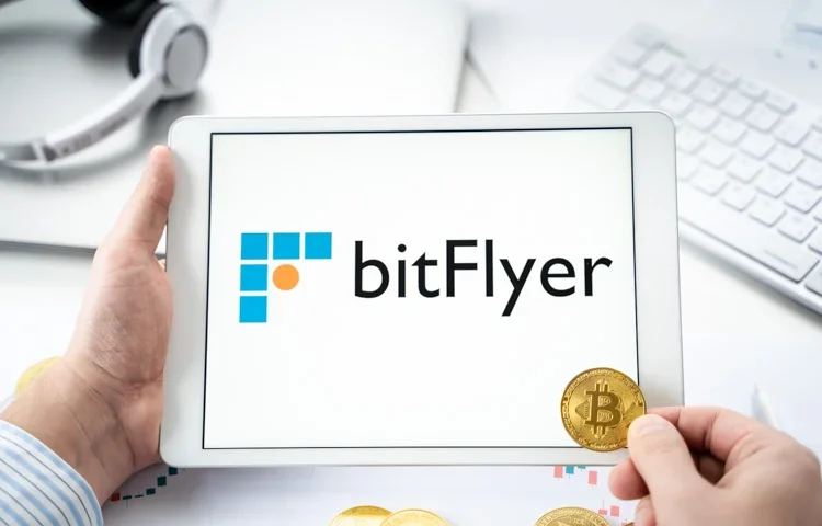 Криптобиржа bitFlyer открыта на экране планшета и рука с Bitcoin.
