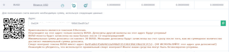 Адрес криптовалютного кошелька для ввода BUSD на биржу.