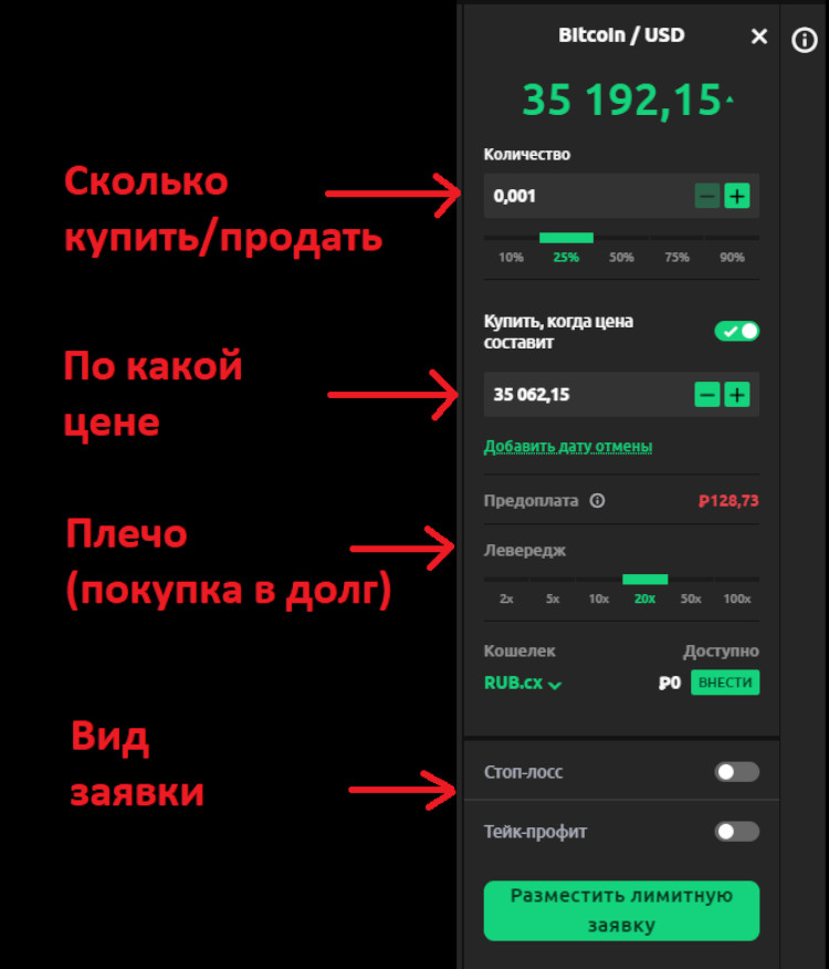 Окно выставления заявки на Currency.com с пояснениями.