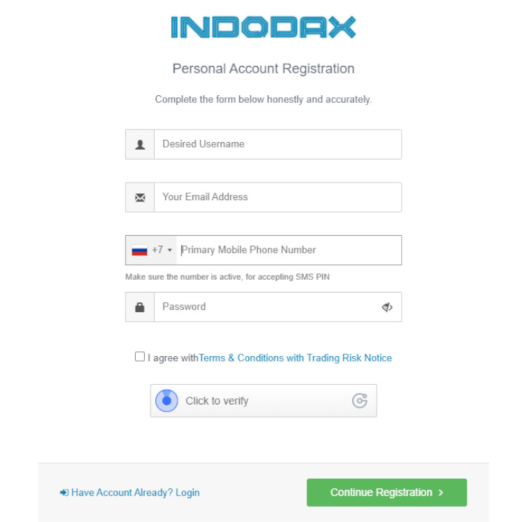 Окно регистрации нового аккаунта на бирже Indodax выглядит так.
