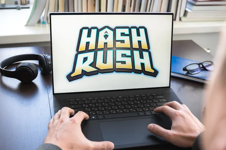 Блокчейн игра Hash Rush открыта на экране ноутбука.