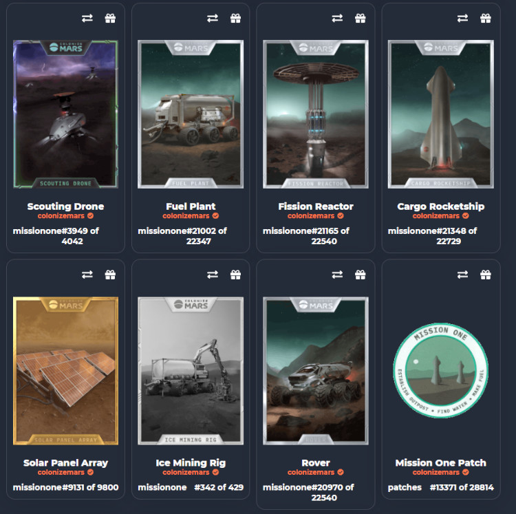 NFT карточки WAX, которые присутствуют в игре Colonize Mars.
