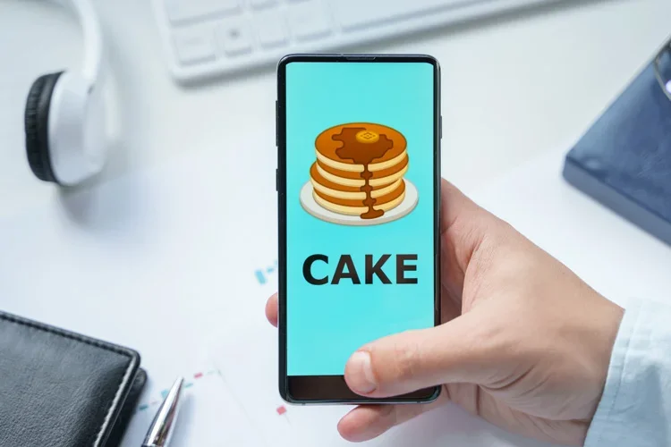 Токен CAKE открыт на экране смартфона для трейдинга.