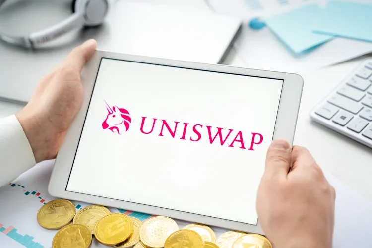 Децентрализованная биржа Uniswap открыта на экране планшета.