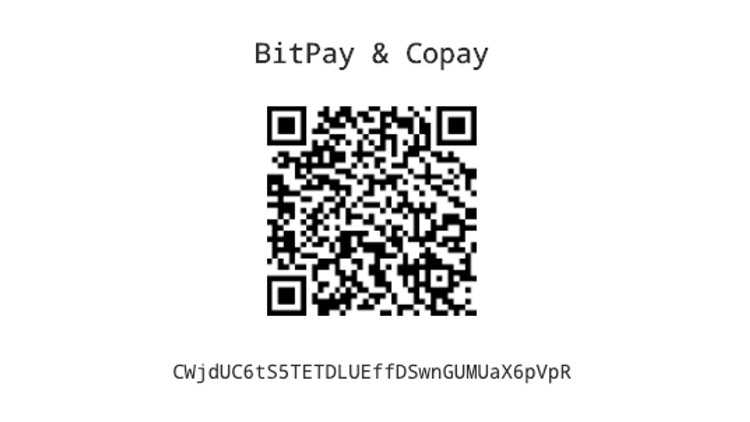 Адрес и QR код для получения Bitcoin на Bitpay.