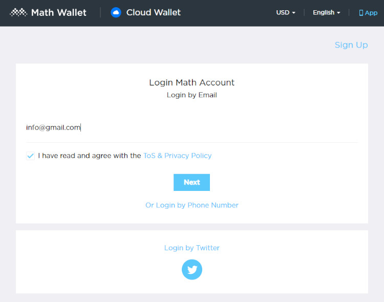 Регистрация WEB кошелька Math Wallet.