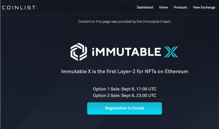 Страница листинга Immutable X на бирже Coinlist.