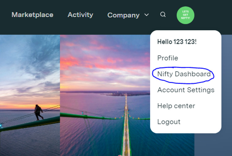 Кнопка Nifty Dashboard в выпадающем меню пользователя.