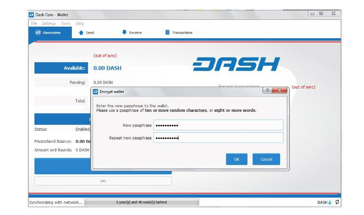 Установка пароля на кошелек Dash Core.